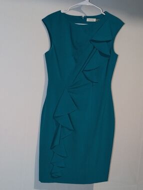 Calvin Klein Teal Ruffle Sheath Midi Dress